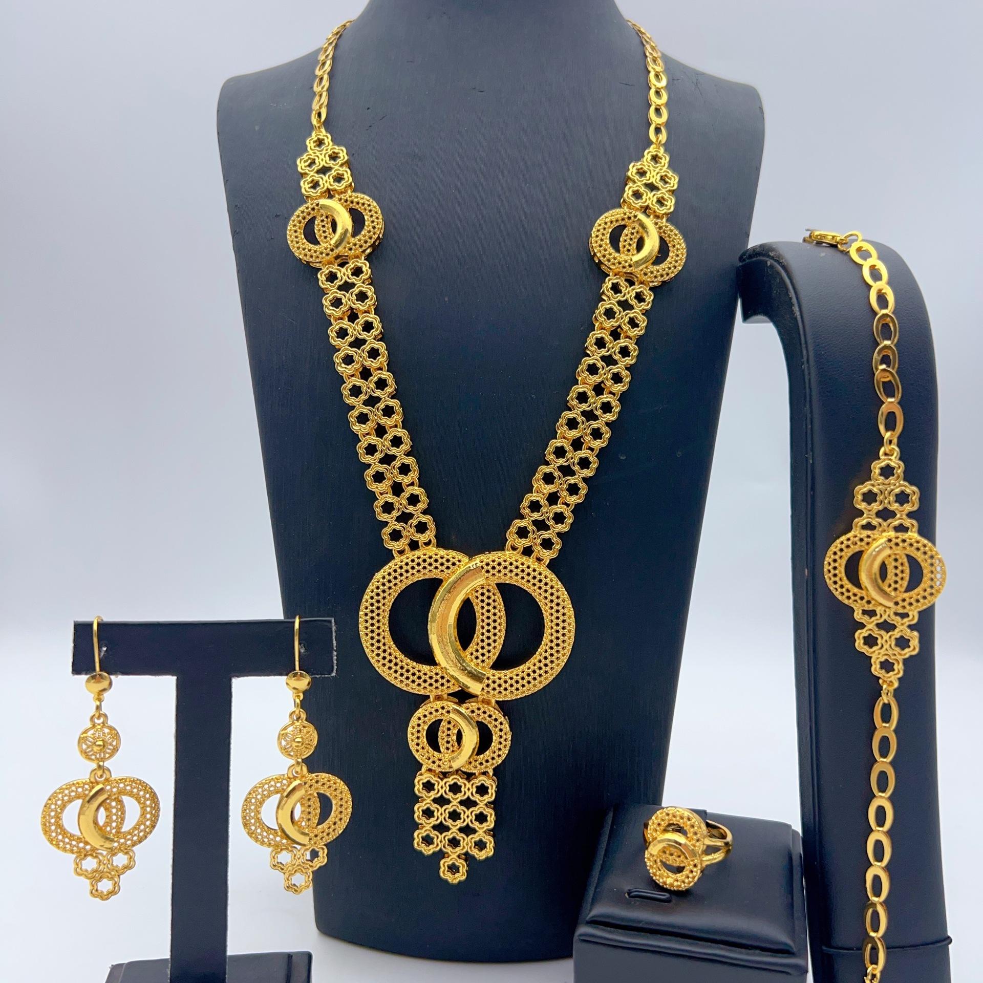 Dubai UAE Jewelry Copper Alloy Four-piece Set Middle Eastern Bride 24k Gold Plated Necklace Earrings Jewelry Set 2026 51CM