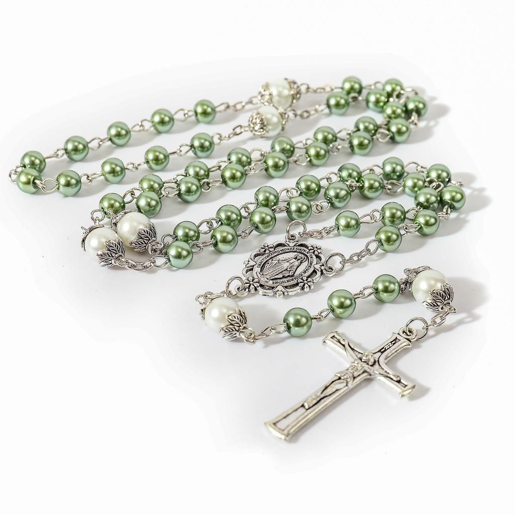 Nazareth Store Pearl Bead Rosary White Father Bead Necklace Lourdes Medal & Cross Spiritual Devotion, Glass, No Gemstones