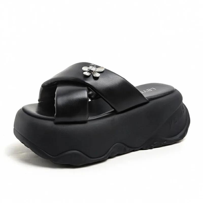 Fashion 8CM Women Summer Crystal Chunky Slippers High Heels Flip Flops Thick-Bottom Bling Sandals Wedges Platform Beach Slides Zapatos