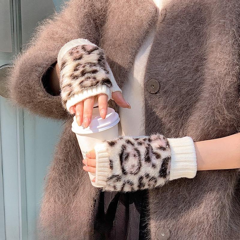 Женские милые вязаные перчатки без пальцев с леопардовым принтом, теплые и морозостойкие, для осени и зимы, перчатки для сенсорного экрана One Size