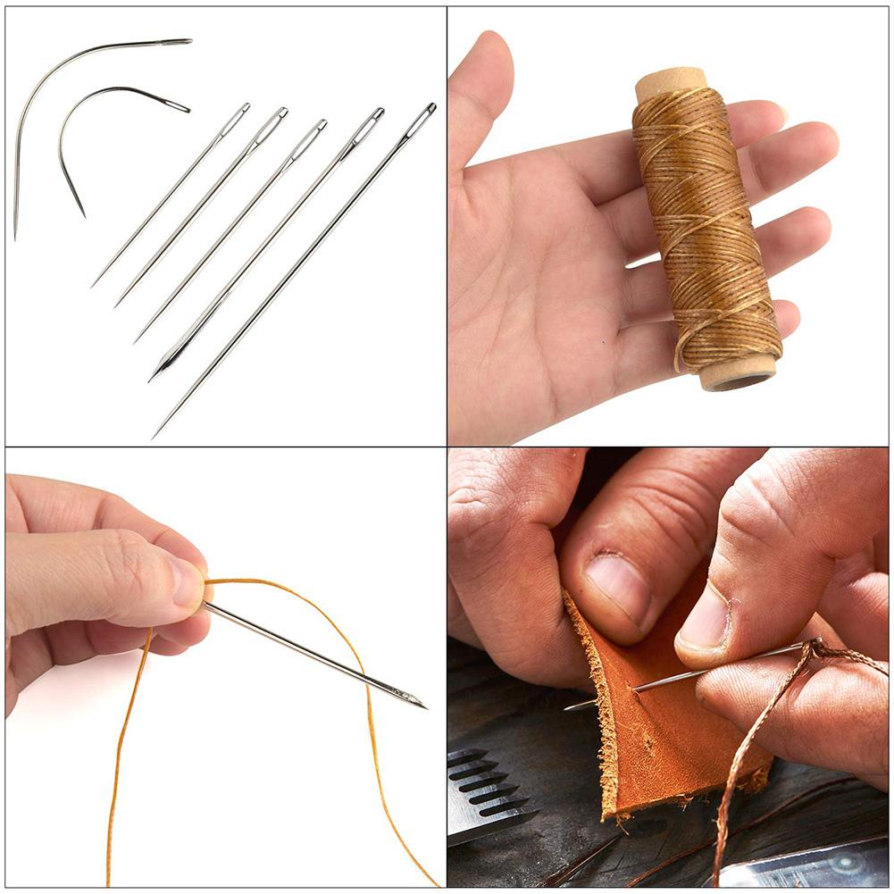 14PCS DIY Leather Tool Set Sewing Needles with Leather Waxed Thread Cord and Thimble for Leather Repair