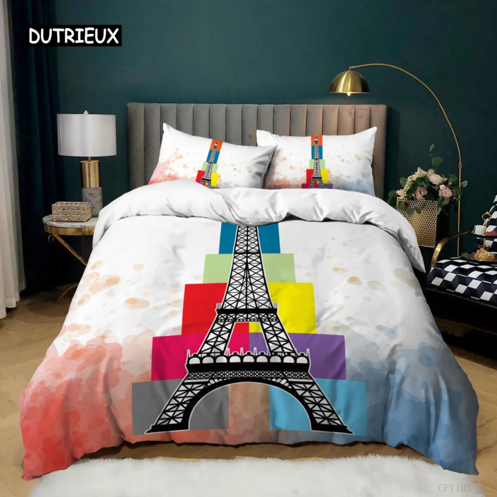 Eiffel Tower Duvet Cover Set King Paris Eiffel Tower Blue White Red Bedding Set Polyester World Famous Architectural Quilt Cover