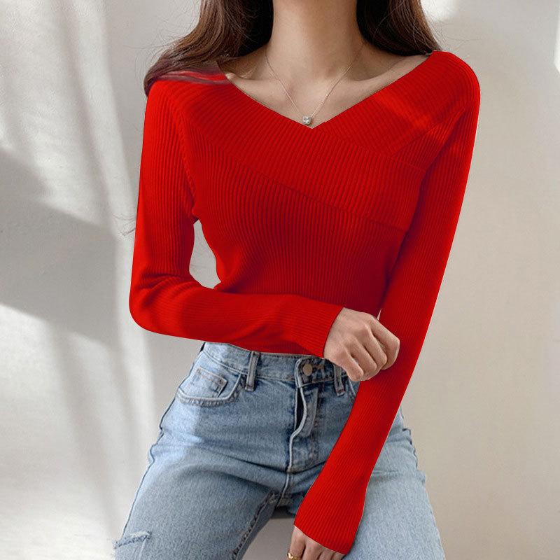 Autumn Winter Off The Shoulder Solid Color Slim Long Sleeve Knitted Tops Women's All Match Chic Sweater