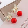Elegant Red Faux Pearl & Diamond Bow Earrings for Women - Festive and Fashionable Holiday Accessories