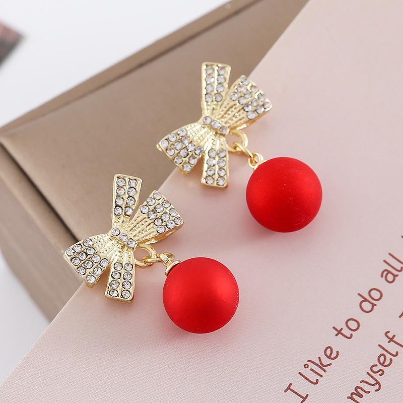 Elegant Red Faux Pearl & Diamond Bow Earrings for Women - Festive and Fashionable Holiday Accessories