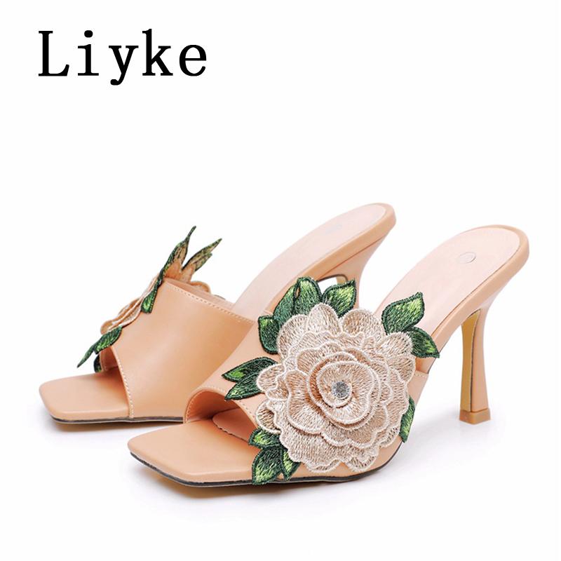 Fashion Liyke Fashion Design Embroidery Flower Women's Thin High Heels Slippers Sandals Street Sexy Square Toe Summer Party Dress Shoes