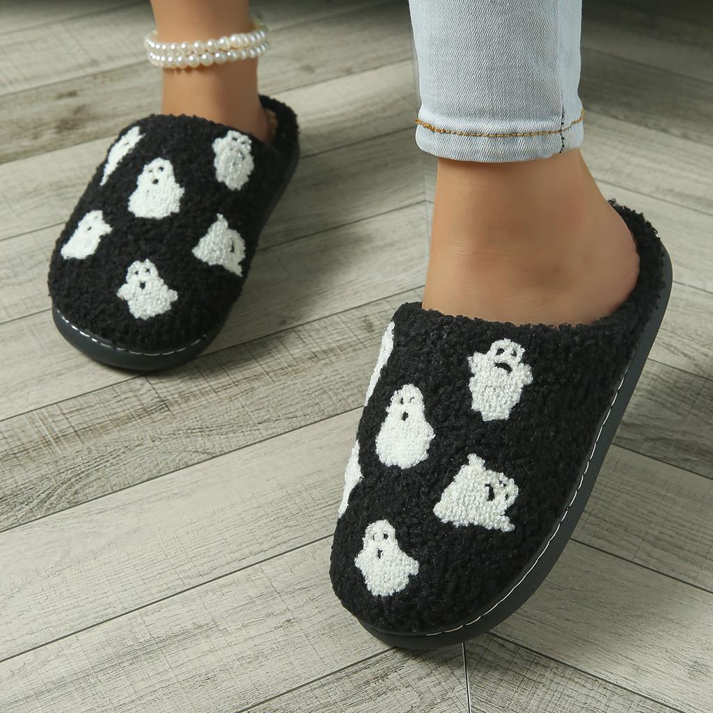 Fashion Punisher Skull Pattern Embroider Plush Home Comfortable Cotton Slippers Warm Non-Slip Indoor Slippers Halloween Christmas Gifts