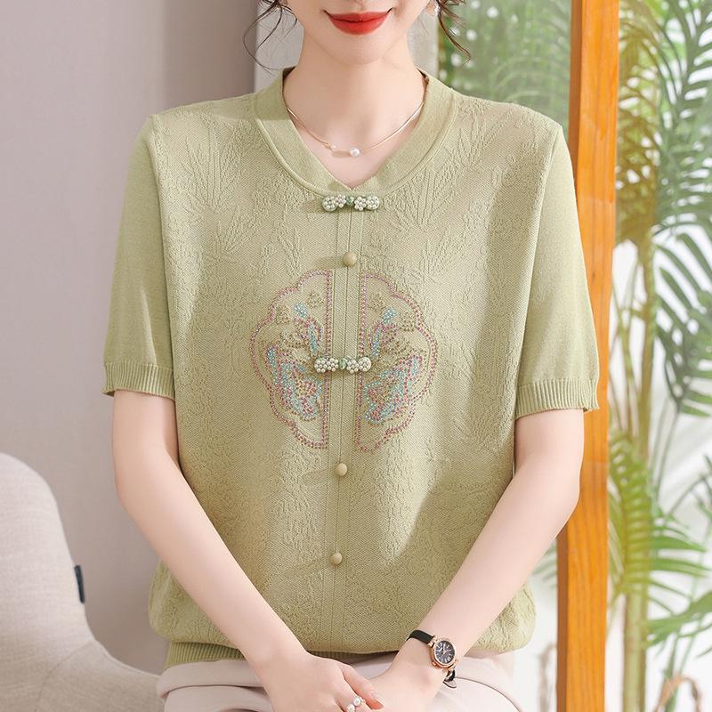 

Elegant Frog Button Embroidered Summer Top for Middle-Aged & Elderly Women 2XL (115-135 Jin)