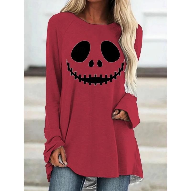 Ladies' Smiling Face Pattern Printed Round Neck Long Sleeved T-shirt Fashionable Casual Top Pullover Clothing