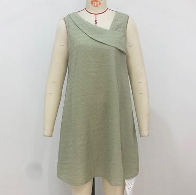 Summer Ladies Fashion Solid Colour Jacquard Slimming Thin Slant Collar Sleeveless Dresses