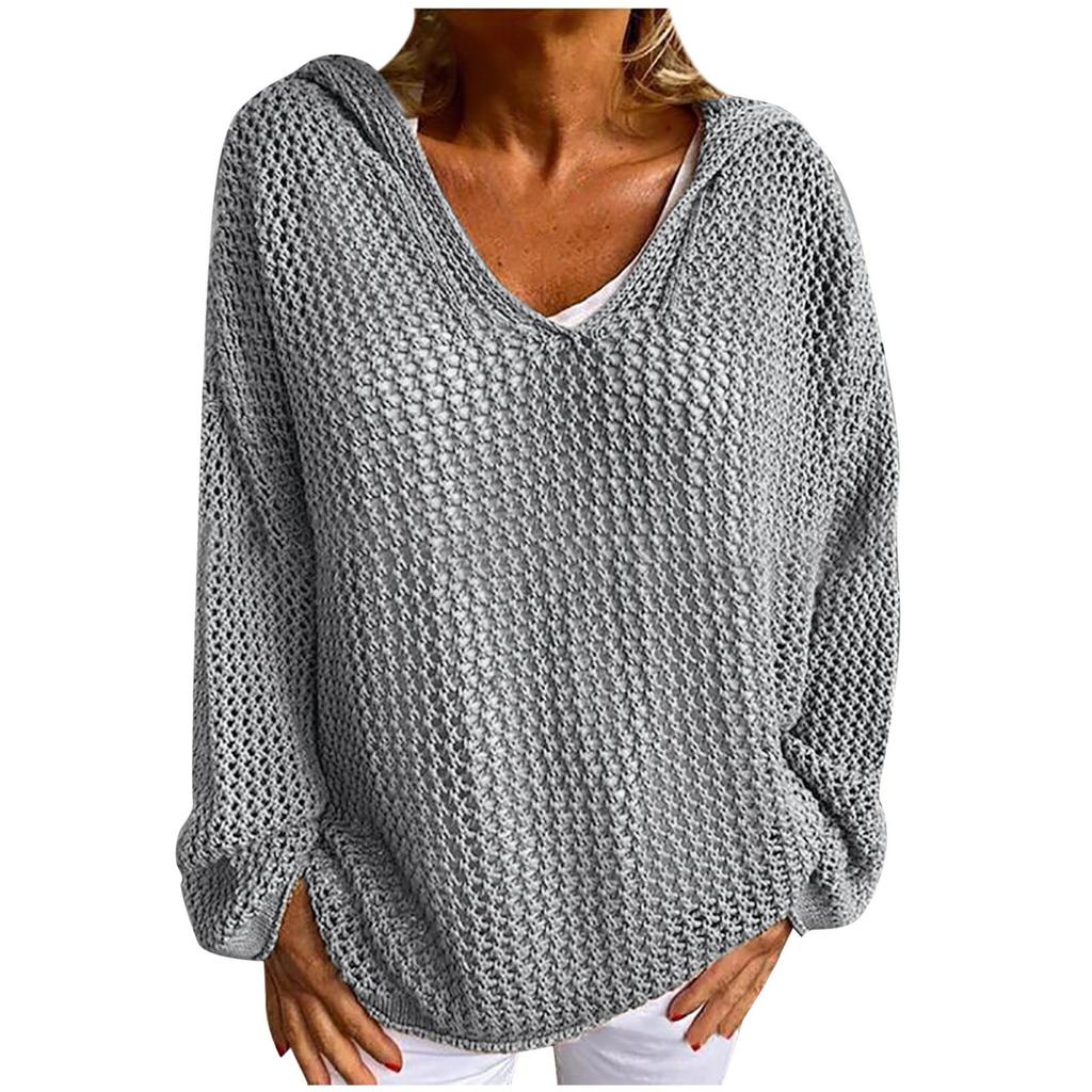 Women's Light Gray Hooded Knitted Sweater with Hollow Weave V Neck, Multiple Colors