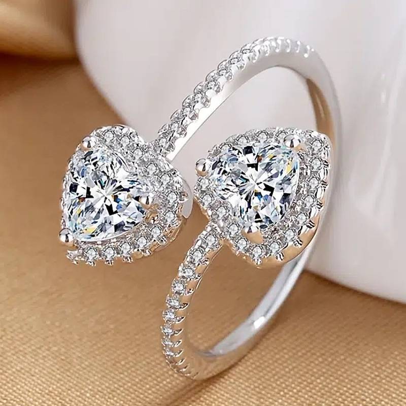 Huitan Heart Shaped Women Opening Ring Elegant Wedding Engagement Accessories Fashion Versatile Party Zircon Inlaid Shiny CZ resizable