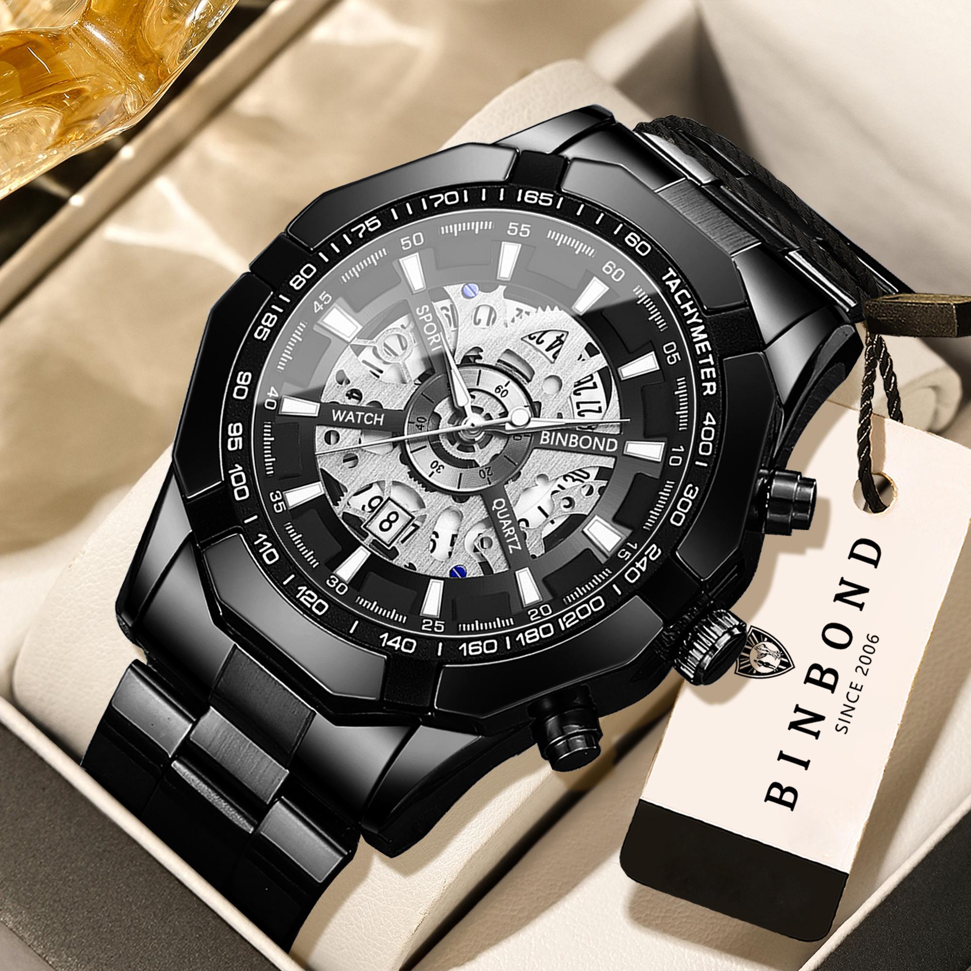 BINBOND Luxury Hollow-out Quartz Wristwatch for Men Luminous Waterproof Chronograph Men s Watch Business Sport Fashion reloj серебряный/чёрный