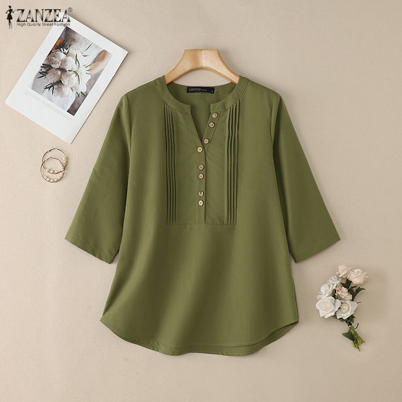 ZANZEA Blusa holgada casual para mujer con cuello en V, color sólido y manga 3/4