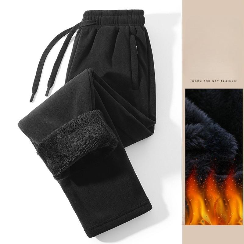 Men's Winter Pants Thickened Solid Zip Pocket Double-sided Polar Fleece Knit Sweatpants Windproof Pants
