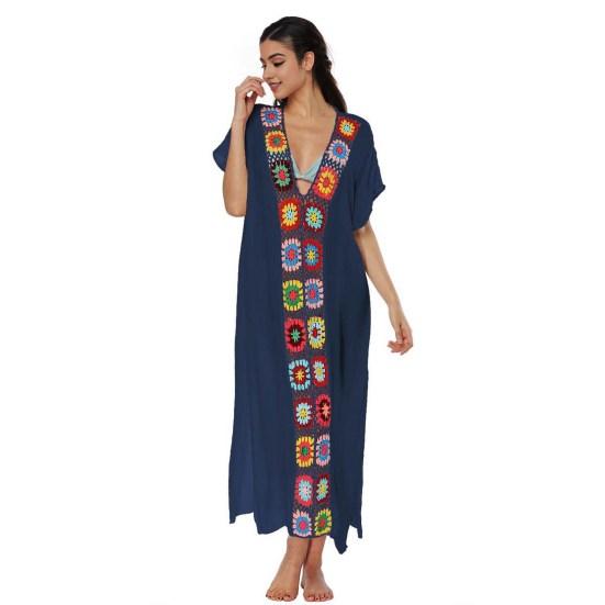Women Summer Cover Up Dress V-Neck Short Sleeve Crochet Flower Decor See-through