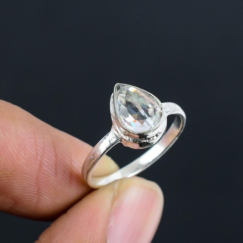 Natural White Crystal Cabochon Hand Crafted Stone Fine Polished 925 Sterling Silver Ring with Unique Design Gift Wedding Engagement