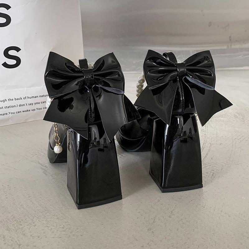 Japanese Solid Color Mary Jane Women's Shoes Bow Super High Heel Light Heel Thick Heel Pearl Buckle Waterproof Table Fashion Shoes