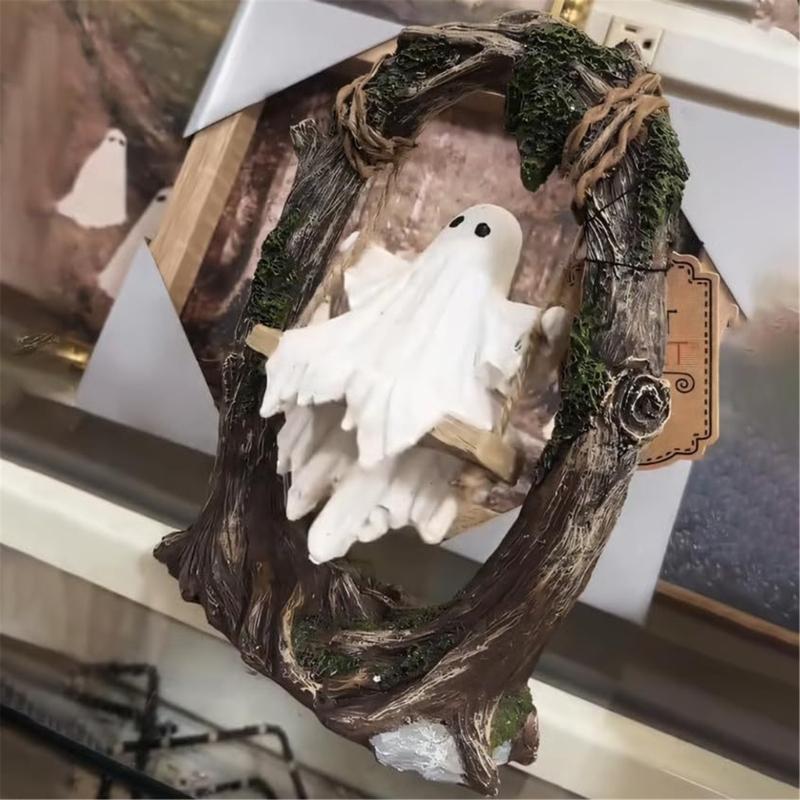 Ghosty on a Tree Swing Resin Ghosty Figurines Garden Decors Halloween Decorations for Desktop Bookshelf Garden Lawn