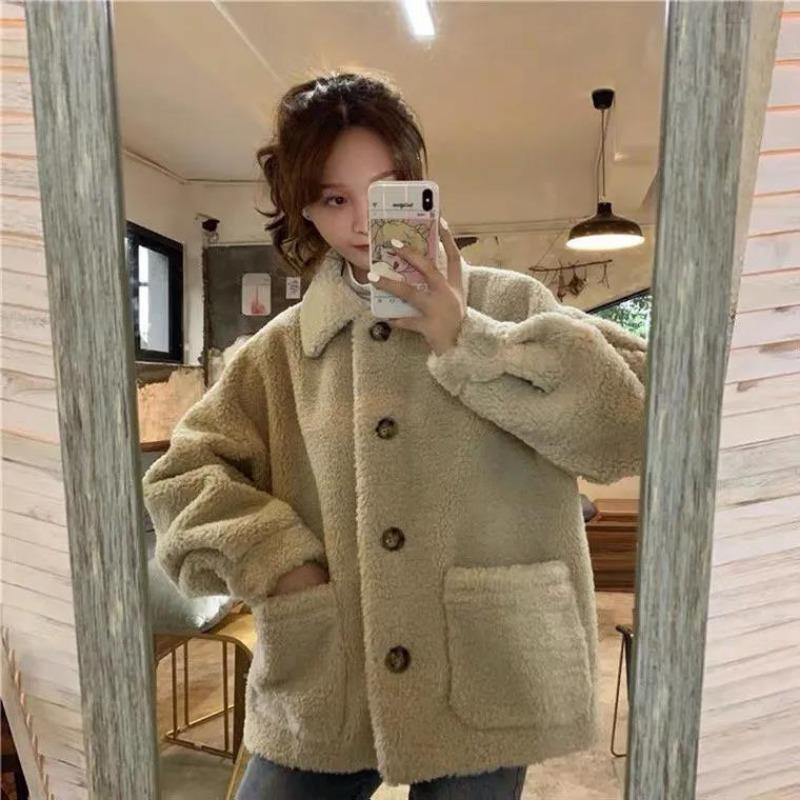 Women Faux Lamb Wool Thick Warm Open Front Jacket Loose Vintage Casual Coat