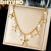 DIEYURO 316L Stainless Steel Golden Starfish Pearl Pendant Charm Necklace Lady Oval Bead Chain Waterproof Summer Jewelry Gift