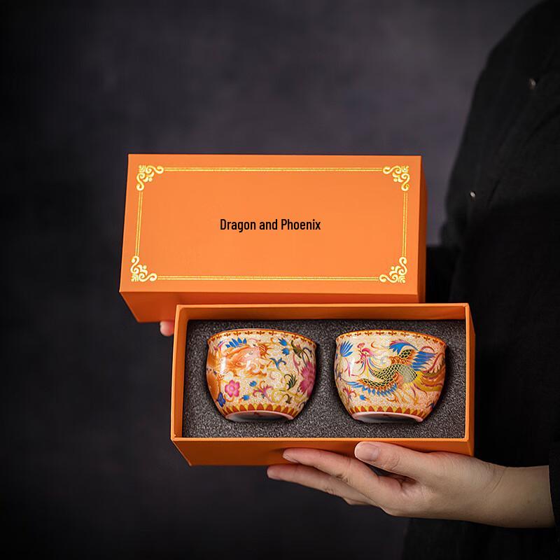 Chaxun Dragon & Phoenix Cloisonné Enamel Ceramic Teacup