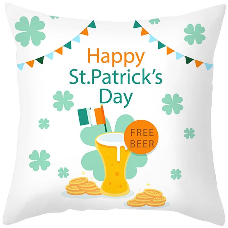 St. Patrick'S Day Pillow Case Green Cartoon Letter Four-Leaf Clover Sofa Cushion Cover Ireland National Day Pillow Cover