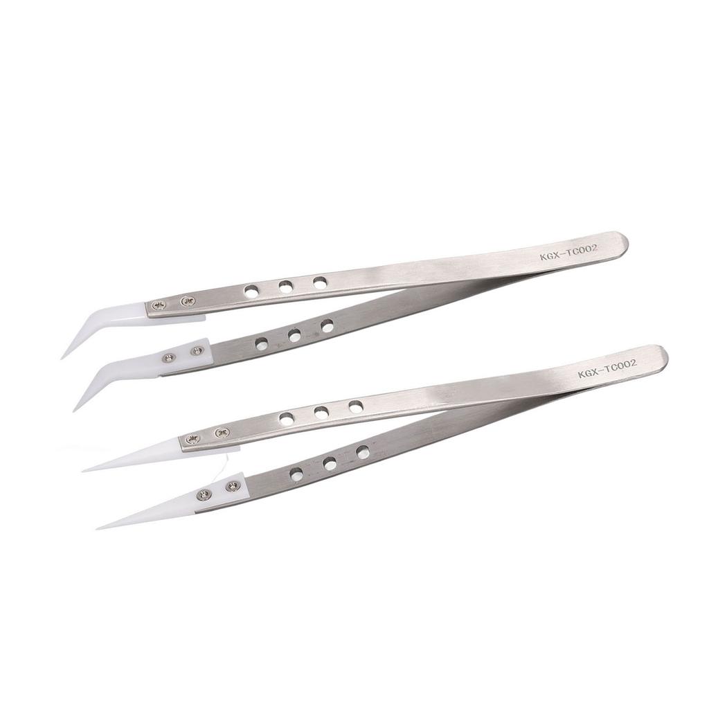 2Pcs Maintenance Tweezers Stainless Steel Ceramic Straight Curved Tweezers Electronic Repair Tools