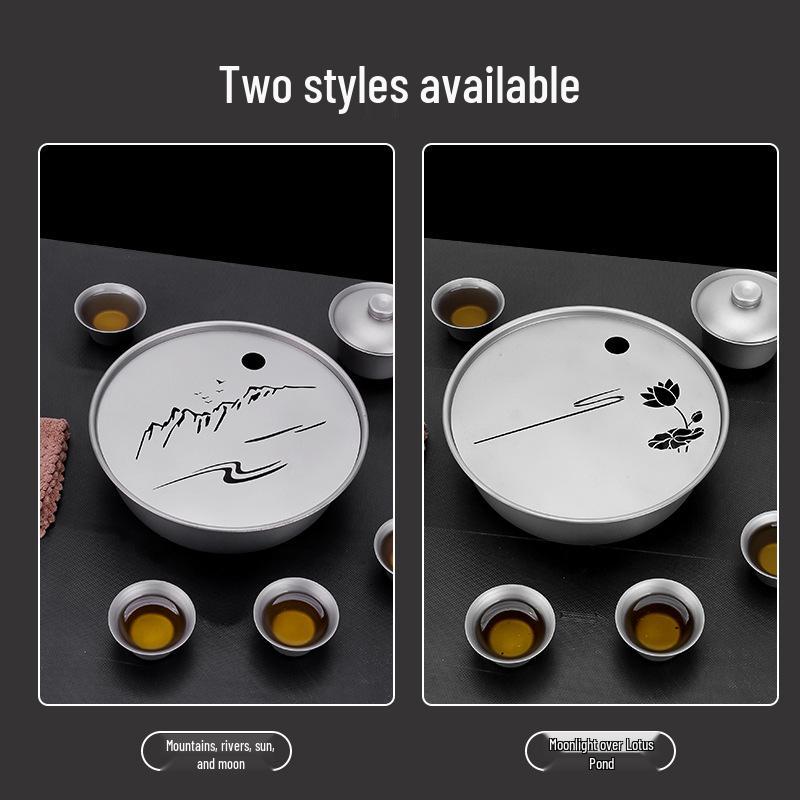 Pure Titanium Tea Tray: Mountain & Water Design, Large Capacity, Chaoshan Gongfu Tea Set, Round Base, Healthy Tea Ceremony Table.