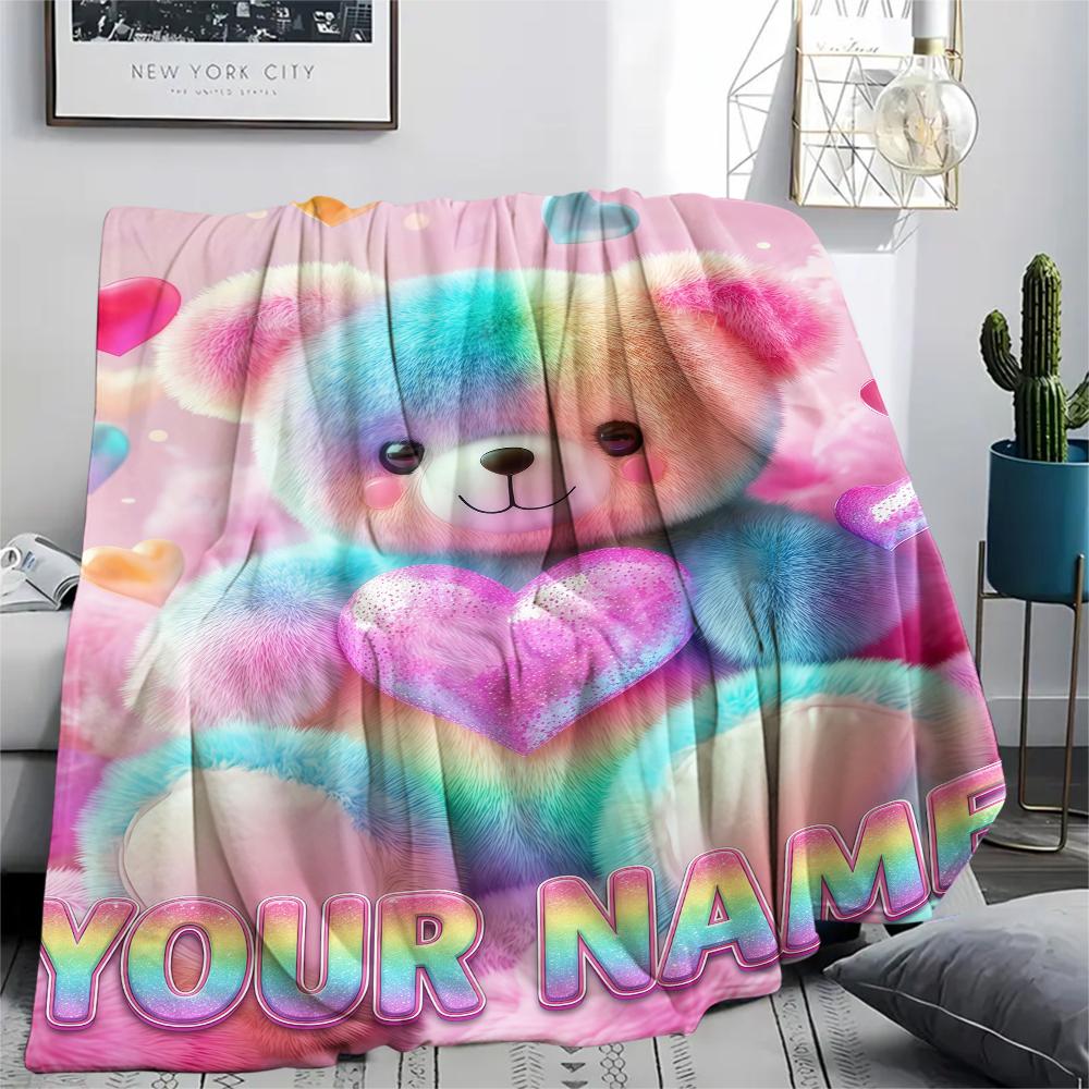 1PC Custom Name Rainbow Heart Bear Love Patterned Flannel Blanket Suitable For All Seasons for Home Decor Warmth and Comfort Gifts Holiday Present_lx