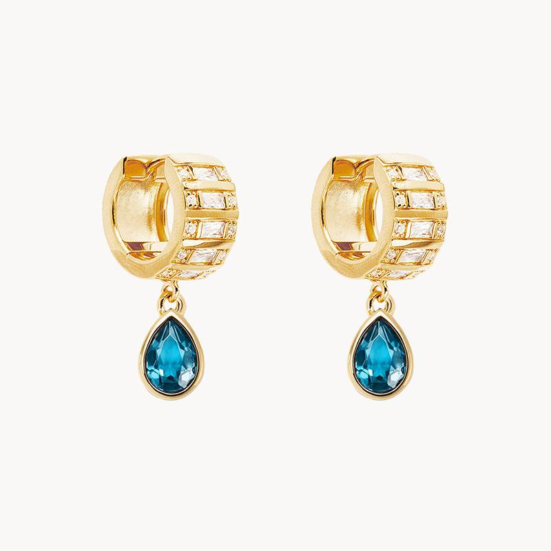 French Style 925 Sterling Silver Hoop Earrings for Women Sea Blue Zirconia Dangle Elegant and Trendy Luxurious Jewelry Gift золотой