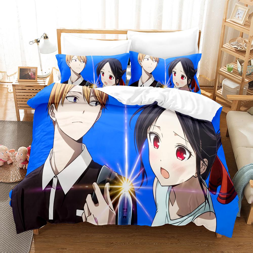 Kaguya Sama Love Is War Bettwäsche-Set 3-teilig Kaguya und Miyuki Herzform Roter Hintergrund Anime-Print Bettbezug Alle Größen