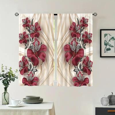 2 Pieces, Red Floral Silky Background Curtains -30% Blackout - Suitable for Living Room, Bedroom and Home Decoration
