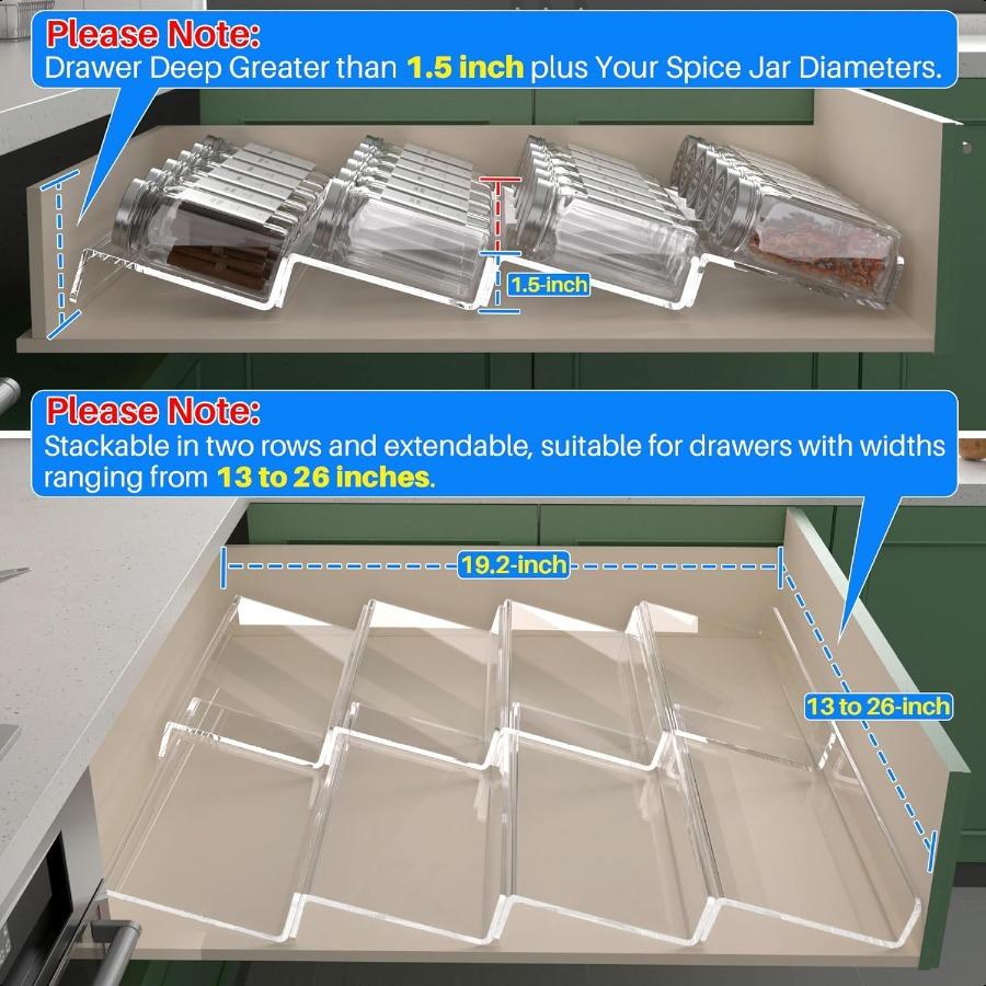 Spice Drawer Organizer 4 Tier 8 Pack Kitchen Spice Rack Tray for Drawer Acrylic Seasoning Organizer Rack Expandable From 13" to