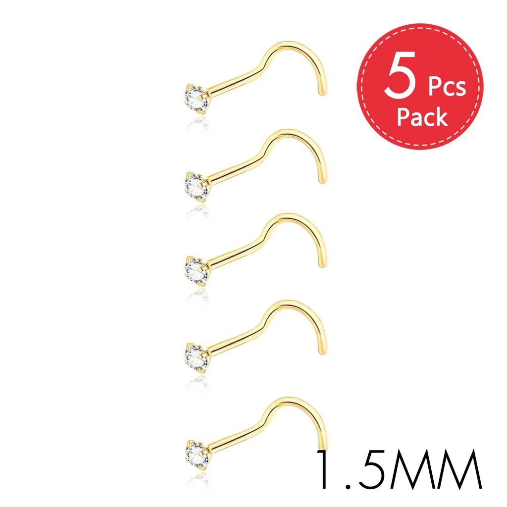 5Pcs CZ Gem Stainless Steel Nose Piercing Stud Crystal Nariz Body Jewelry S L Bone Shape Nostril Rings for Women Girl 20g 0.8mm