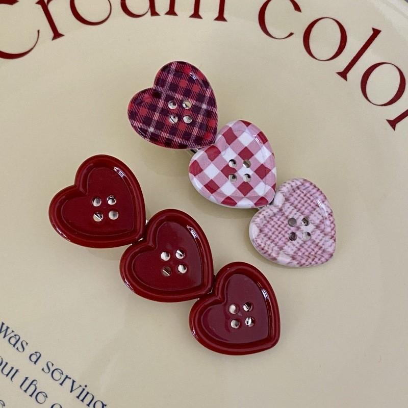 Sweet Check Love Button Hair Clip Side Bangs Girly Cute Duckbill Clip Hair Accessories