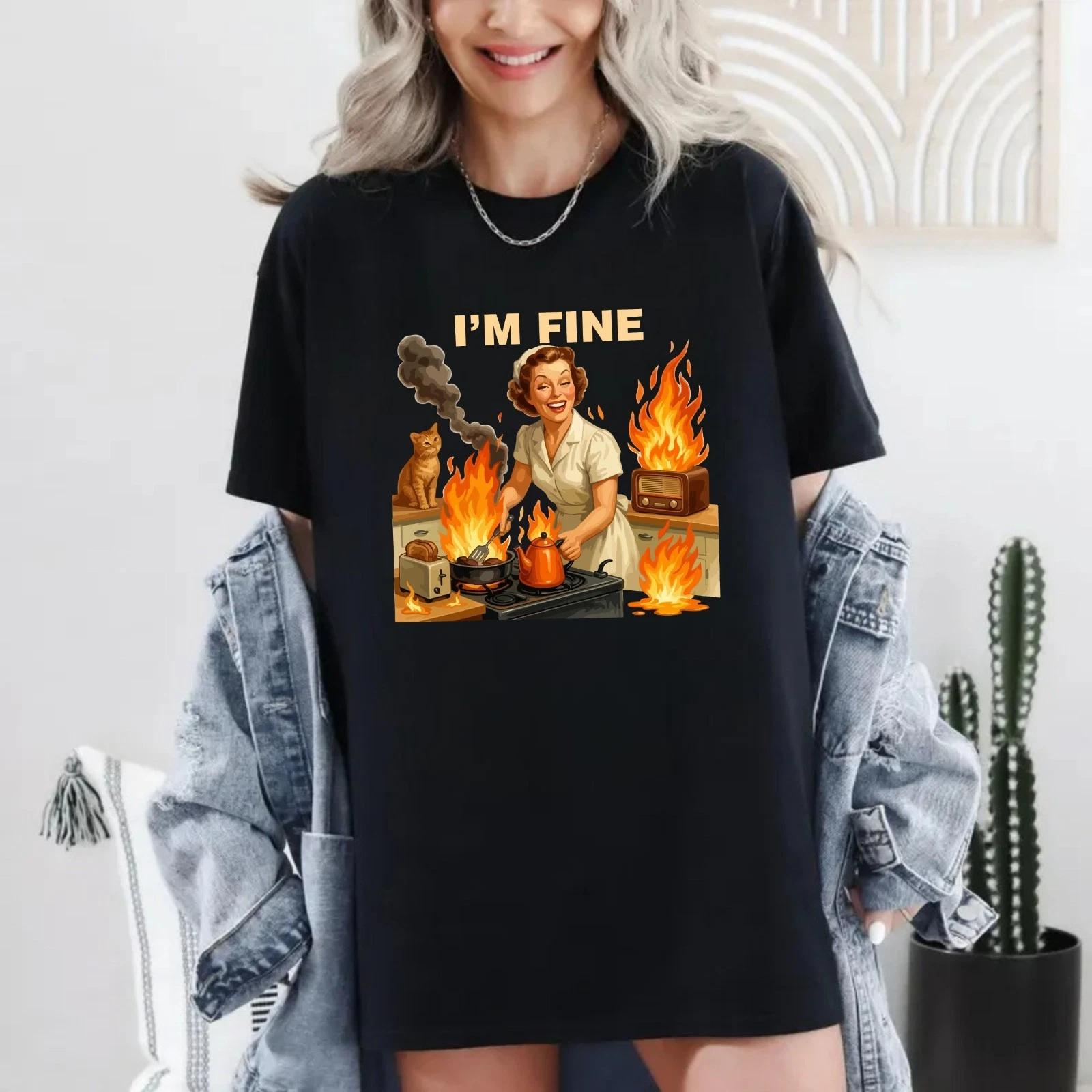 I’m Fine Retro Funny Kitchen Fire House Meme 100% Cotton T-shirt Mens Tees Top - Sarcastic Humor Tee 3XL