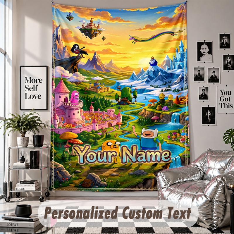 Wall Hanging Tapestry With Custom Name & Text, Adventure Time cartoon Decorative Tapestry For Bedroom