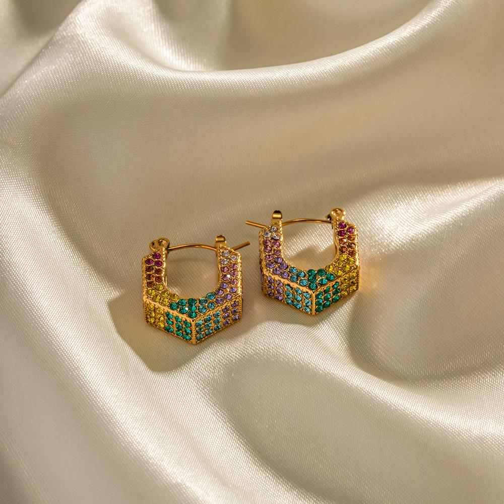 Luxury Diamond Cubic Zircon Earrings Stainless Steel Jewelry Gold Hoops Geometric Hoop Earrings