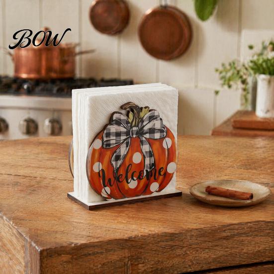 Rustic Pumpkin Maple Leaf Decoration Thanksgiving Solid Wood Napkin Holder, Fall Harvest Gnome Scarecrow Turkey Tissue Rack Dispenser, Waterproof