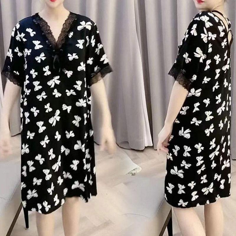 Women's Clothing Sexy Leopard Elegant V-Neck Lace Spliced Midi Dress Summer Straight Stylish Bow Casual All-match Loose Dresses