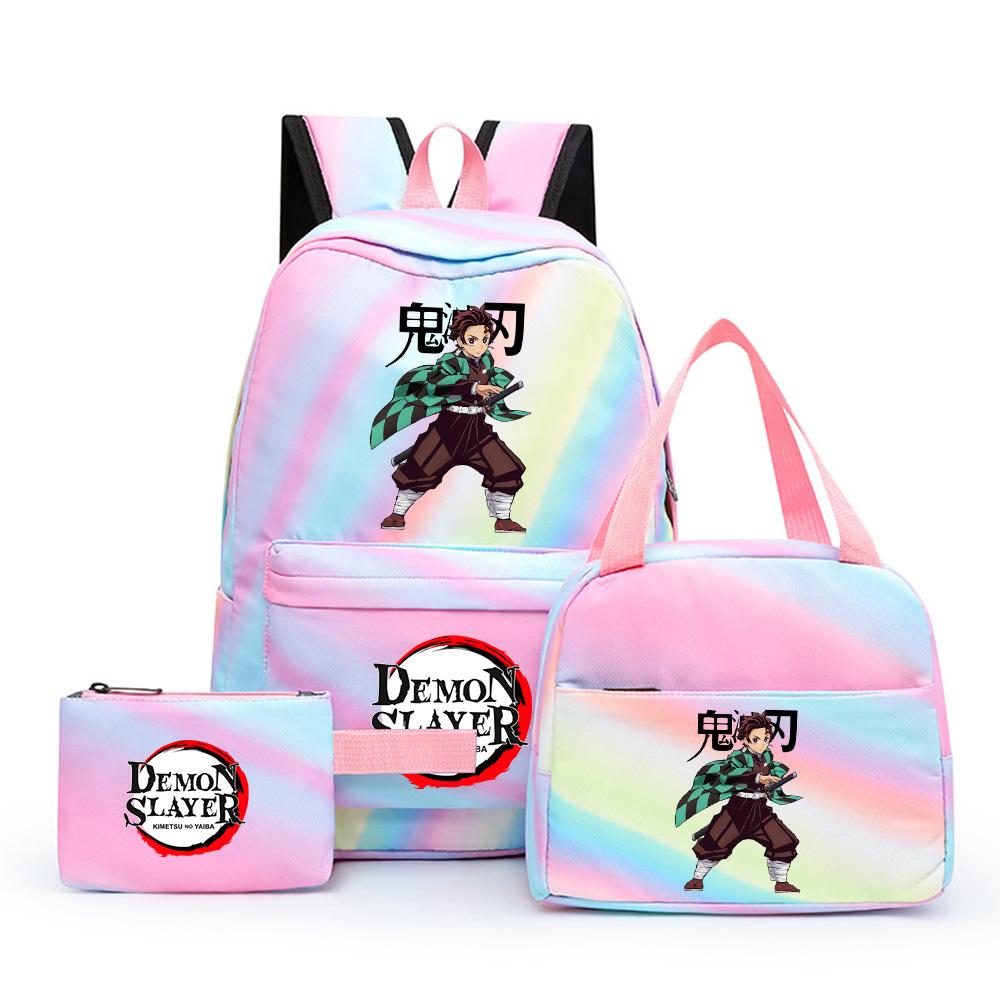 3Pcs/set Cartoon Demon Slayer Printed Backpack with Lunch Bag Pencil Case for Teenager Girl Boy Large Capacity Waterproof Bookbag Gift Mochila