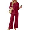 Damen Freizeit Zweiteiler Outfit Set Farbe 3/4 Ärmel Knopfleiste Vorne Oberteil mit Weit Bein Hosen für den Alltag