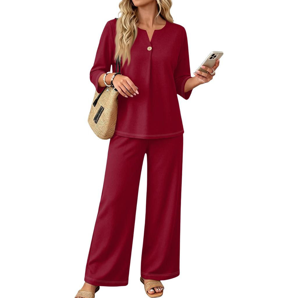 Damen Freizeit Zweiteiler Outfit Set Farbe 3/4 Ärmel Knopfleiste Vorne Oberteil mit Weit Bein Hosen für den Alltag
