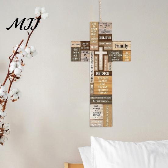 Farmhouse Living Room Decor Easter Wooden Cross Ornament, Rustic Hanging Pendant with Hemp Rope Faith Wall Sign for Decor, Religious Home Decoration,