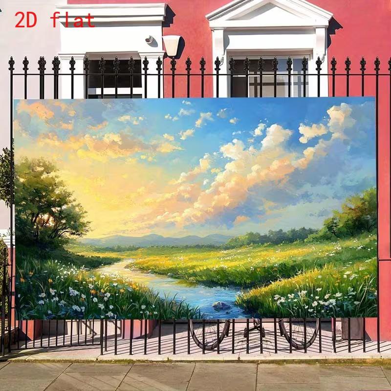 

2D Oil Painting Style Meadow Backdrop with River, Trees & Golden Sunset for Scenic Party & Photoshoot 47.2x31.5inch/120*80cm