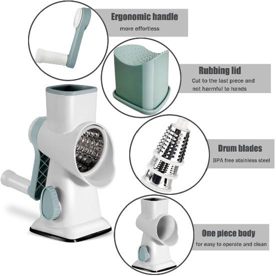 Rotary Cheese Grater Shredder with Handle Handheld Round Mandoline Vegetable Slicer Carrot Shredder Nut Grinder with 3 Replaceable Stainless Steel