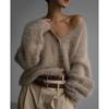 Plush Faux Mink V-Neck Knit Cardigan - Cozy Autumn/Winter Sweater Coat
