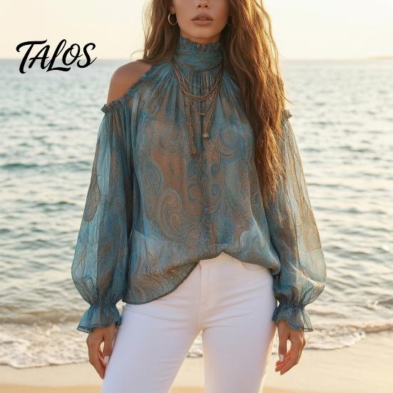 Legere Blusen Damen Herbst Cold Shoulder Shirt, Vintage Ethno-Print Hoher Weicher Hemdkragen Bluse, Rüschen Laternenärmel Oberteil Lang