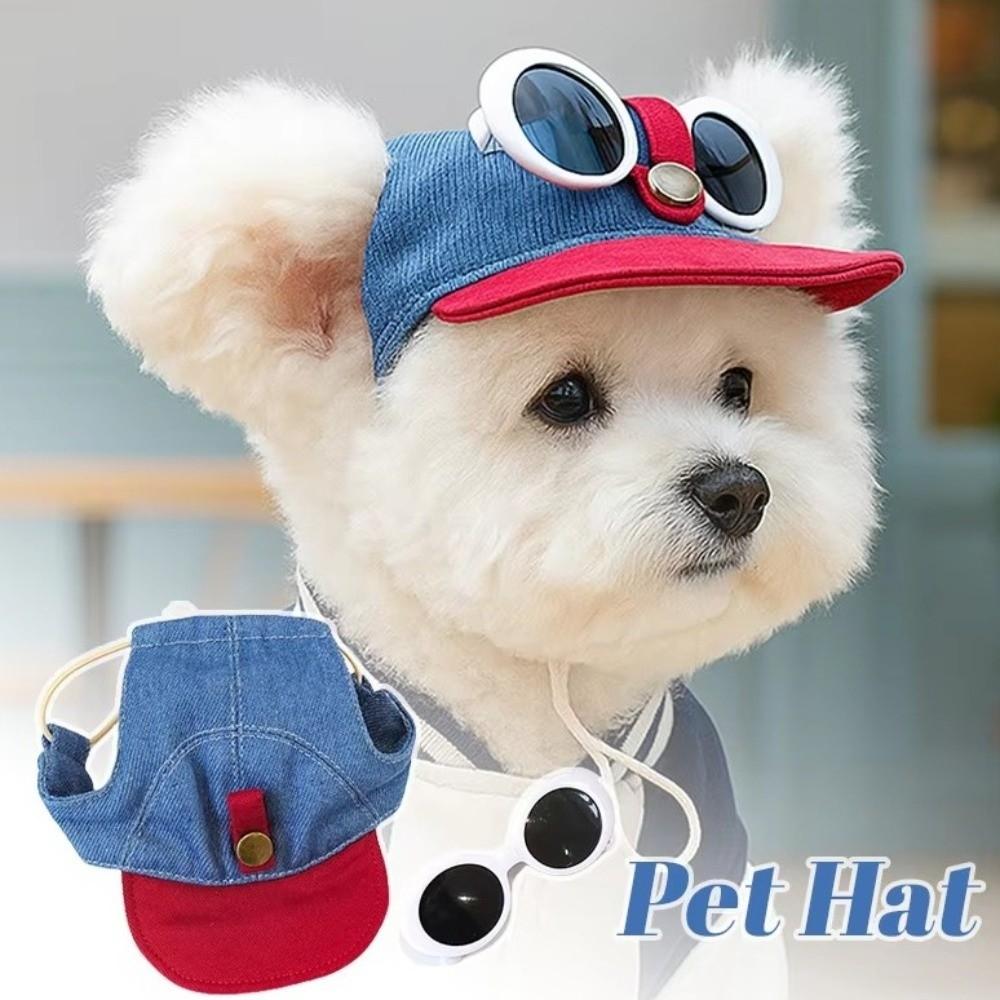 Korean Style Dog Sun Hat with Sunglasses Adjustable Puppy Baseball Cap  Beach Activities